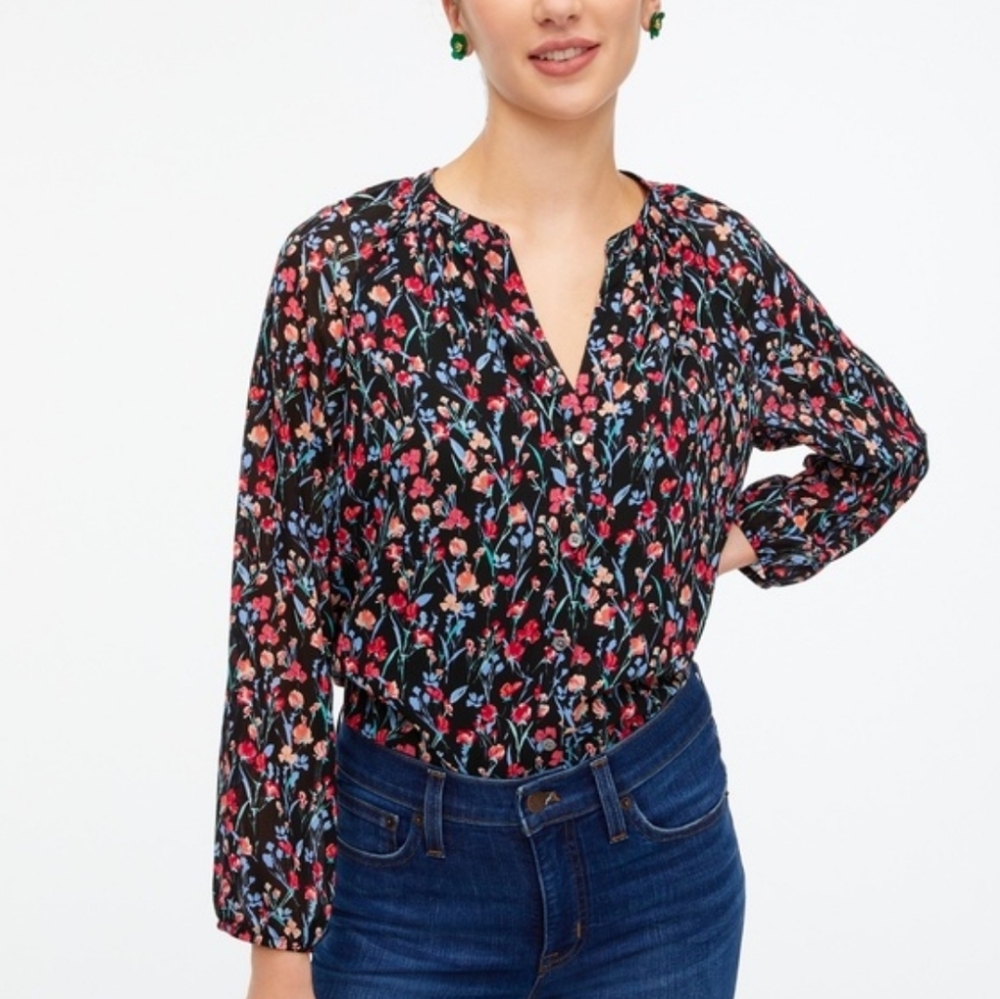 J. Crew Ditsy Floral Long Sleeve Button Front V-Neck Blouse Top Size Large